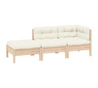 Salon de Jardin 3 Pièces en Bois de Pin Massif avec Coussins Crème, Ensemble Canapé d'Angle et Central + Repose-Pieds, Meuble Jardin Extérieur Résistant et Confortable pour Terrasse ou Balcon