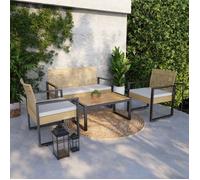 casa.pro Salon de Jardin 4 Pièces avec Table Banc pour 2 Personnes et 2 Chaises avec Accoudoirs et Coussins Confortables Acier Bois d'Acacia Polyrotin Beige Noir Naturel