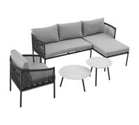 Salon De Jardin 4 Pièces, Canapé d'angle + Assise Simple + 2 Tables Basses, Tube en Acier Galvanisé, Plateau en Verre Laqué Marbre, Econvient pour Une Utilisation en Extérieur, Gris