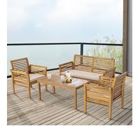 casa.pro Salon de Jardin 4 Pièces avec Table Banc pour 2 Personnes et 2 Chaises avec Accoudoirs et Coussins Confortables Bois d'Acacia Coton Polyester Naturel Beige