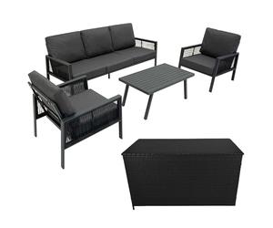 Salon de Jardin 4 Pièces en Aluminium Gris 5 Places & Coffre de Rangement en Rotin Noir Extérieure Terrasse Canapé 3 Places 582 L Coussins Table Fauteuils Amovible Imperméable [Housse de Pluie INCLUS]