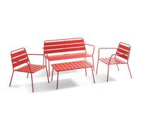 Salon de jardin 4 places et 1 table basse en acier rouge Palavas, Oviala