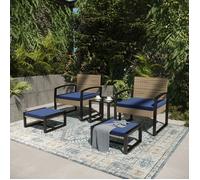 Salon de jardin 5 pièces Calvello avec table 2 chaises 2 repose-pieds aspect rotin bleu marine noir