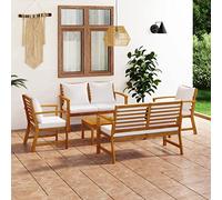 Salon de jardin 5 pièces en bois d'acacia massif, blanc crème, finition à l'huile, résistant aux intempéries, pour terrasse, balcon, véranda, avec table basse et coussins épais et confortables