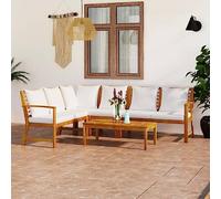 Salon de jardin 5 pièces en bois d'acacia massif, couleur crème, résistant aux intempéries, avec table basse et coussins amovibles, design moderne pour terrasse, balcon