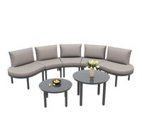Salon de jardin (5 places), 2 tables basses en verre trempé, structure en fer galvanisé, salon de jardin confortable avec assises et coussins gris, avec pieds réglables, élégant canapé arrondi