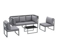 Salon De Jardin 5 Places 4 Pièces - Canapé Avec Auvent Rétractable - Coussins Déhoussables Gris