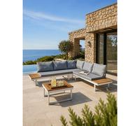 DCB Garden – Salon bas de jardin MIYAKO – Aluminium – 5 places – Blanc et bois d'acacia