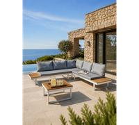 DCB Garden – Salon bas de jardin MIYAKO – Aluminium – 5 places – Blanc et bois d'acacia