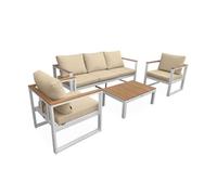 Alice's Garden - Salon de Jardin 5 Places en Aluminium et Eucalyptus - Nazca - Structure Blanche. Coussins Beiges