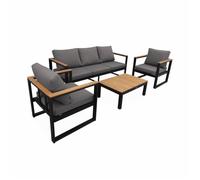 Alice's Garden - Salon de Jardin 5 Places en Aluminium et Eucalyptus - Nazca - Structure Noire. Coussins Gris foncé
