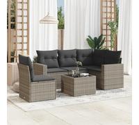 Salon de jardin 6 pcs en résine tressée gris avec coussins amovibles, ensemble de meubles de patio pour terrasse ou jardin, table en verre trempé et rangement intégré, design résistant aux UV