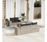 Salon de jardin 6 pcs en résine tressée gris clair avec coussins amovibles, ensemble salon extérieur modulaire pour terrasse et patio, table en verre trempé, meuble de jardin confortable et durable