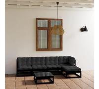 Salon de jardin 6 pièces en pin massif noir avec coussins anthracite - Ensemble de meubles d'extérieur modulaires pour terrasse et balcon - Robuste et confortable - Charge maximale de 110 kg