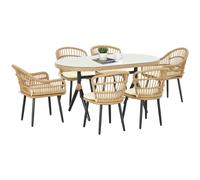 Salon de Jardin Outsunny 6 personnes ensemble de salle à manger en rotin PE - plateau en verre trempé, cadre en acier, Bois naturel