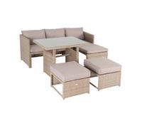 Alice's Garden - Salon de Jardin 6 Places - Reggiano - Résine Naturelle. Coussins Beiges. Table de Jardin avec canapé. méridienne et 2 poufs encastrables