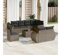 Salon de jardin 9 pcs en résine tressée gris avec coussins amovibles, ensemble canapé d'angle et table en verre trempé pour terrasse, patio ou jardin, meuble extérieur durable et confortable