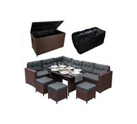 Salon De Jardin & Coffre En Rotin Brun, Ensemble 9 Personnes, Coffre 582l Portable Avec Ouverture Assistée, Résistant Aux Uv & Intempéries, Jardin Patio Terrasse [Couverture & Sac Imperméables Inclus]