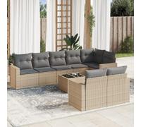 Salon de Jardin 9 Pièces en Résine Tressée Beige avec Coussins Amovibles, Ensemble Canapé d'Extérieur Modulaire avec Table en Verre Trempé et Rangement Intégré pour Terrasse, Jardin, Patio