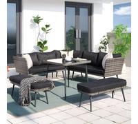 CONCEPT USINE | Salon de Jardin 9 Places Baracoa 2 en Résine Tressée Gris | Ensemble Complet avec Canapés, Angle, Bancs & Table Verre Trempé | Coussins Moelleux Anthracite | Idéal Terrasse ou Jardin