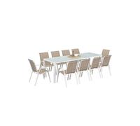 IDMarket - Salon de jardin Madrid, Table 240 cm, 10 chaises empilables, acier blanc, blanc et beige