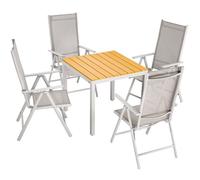 Salon de jardin aluminium Bern 4+1 chaise dossier haut pliable 7 positions table 80x80cm bois composition jardin terrasse