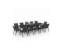 IDMarket – Salon de jardin MADRID – Table extensible 135-270 cm et 12 chaises empilables – Noir