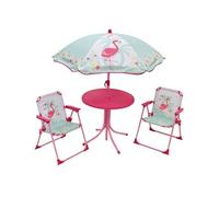 salon de jardin avec parasol Flamingo rose/menthe verte 4 pièces