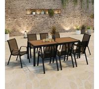IDMarket - Salon de jardin NOUMEA table 190 cm plateau verre trempé effet bois 8 chaises noir/bois
