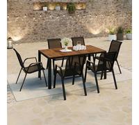 IDMarket – Salon de jardin NOUMEA 150 cm plateau verre trempé effet bois, 6 chaises noir/bois