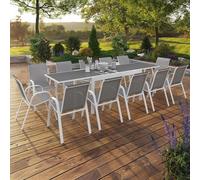 IDMarket - Salon de jardin Madrid - Table extensible 135-270 cm, 12 chaises empilables - Blanc/Gris