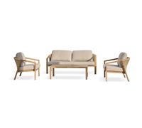 Salon de jardin bas 5 pl en aluminium imitation bois, coussins - marron