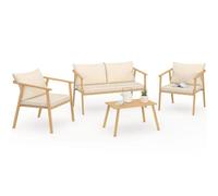 IDMarket – Salon de jardin bas Malta 4 places structure métal effet bois lanières et coussins beiges