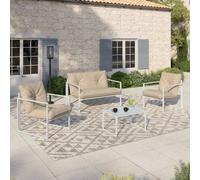 IDMarket - Salon de jardin bas Nairobi - 4 places en acier blanc et coussins beige