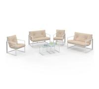 IDMarket – Salon de jardin bas Nairobi – 6 places – Acier blanc – Coussins beige