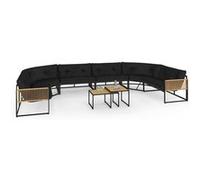 IDMarket Salon de jardin bas d'angle Rio 12 places - métal noir, cordage effet rotin, coussins noirs