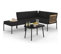 IDMarket Salon de jardin bas RIO 4 places modulable métal noir, cordage rotin clair, coussins noirs