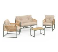 IDMarket - Salon de jardin bas RIO 4 places, métal vert, cordage rotin clair, coussins beige
