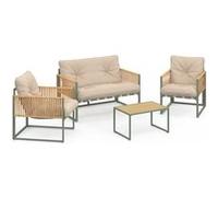 IDMarket - Salon de jardin bas RIO 4 places, métal vert, cordage rotin clair, coussins beige