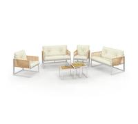 IDMarket – Salon de jardin bas Rio – 6 places, métal blanc, cordage effet rotin, coussins beige