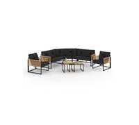 IDMarket - Salon de jardin RIO 8 places bas d'angle métal cordage effet rotin clair coussins noirs
