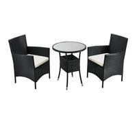 Salon de jardin Bayamo 2 fauteuils en polyrattan avec table basse - design noir, coussins beiges