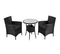 Juskys Ensemble de Balcon en rotin synthétique Bayamo pour 2 Personnes - Table avec Plateau en Verre et 2 chaises - Meubles de Balcon résistant aux intempéries - Coussins lavables - Noir - Gris