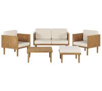 Salon de Jardin Beige Clair en Bois d'Acacia 4 Places Canapé Fauteuils Pouf