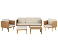 Salon de Jardin Beige Clair en Bois d'Acacia 5 Places Canapé Fauteuils Pouf
