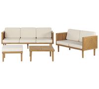 Salon de Jardin Beige Clair en Bois d'Acacia 5 Places Canapés Table et Pouf