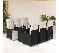Salon de jardin bistro 7 pièces en polyrotin noir, fauteuils réglables, plateau de table en verre trempé, coussins blanc crème, résistants aux UV, pour balcon et terrasse, ensemble de meubles