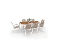 IDMarket - Salon de jardin NOUMEA Table 190 cm Plateau verre trempé effet bois 8 chaises blanc/bois