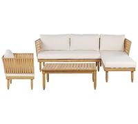 Salon de Jardin Canapé d'Angle Fauteuil et Table Basse en Bois d'Acacia Clair avec Coussins Blancs Idéal pour Extérieur Boho et Moderne Beliani