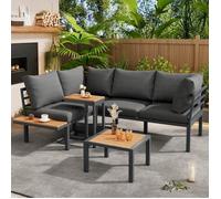 Salon de Jardin, Canapé + Table d'Appoint + Table Basse (Repose-Pieds), Acier Galvanisé, Plateau WPC, Balcon et Jardin, Gris et No